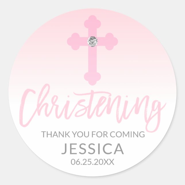 Sticker Rond Baby moderne Croix rose Christening fille Merci (Devant)