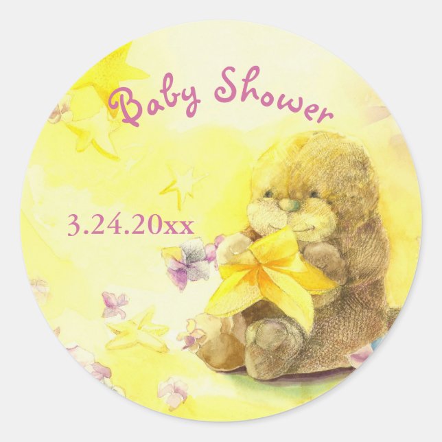 Sticker Rond Baby Otter mignonne Baby shower Invitation (Devant)