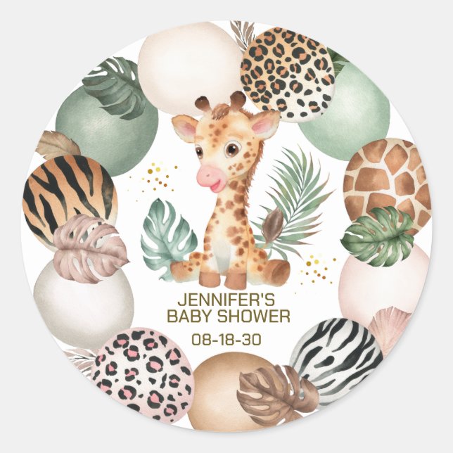 Sticker Rond Baby Safari Girafe Imprimé Animal Fête Prénatale (Devant)