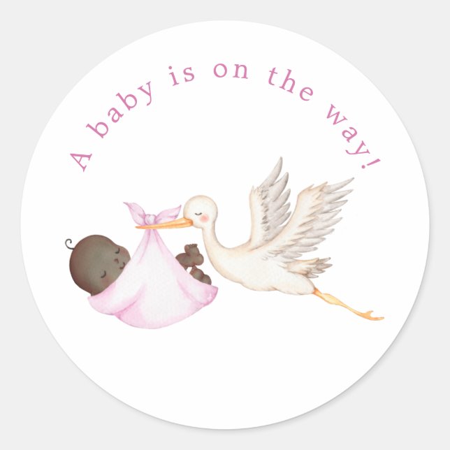 Sticker rond Baby shower à cigogne rose (Devant)