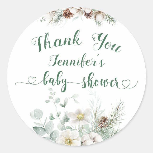 Sticker Rond Baby shower à feuillage persistant d'hiver (Devant)