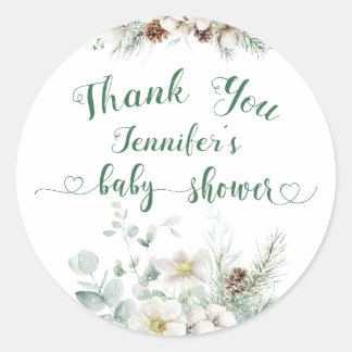 Sticker Rond Baby shower à feuillage persistant d'hiver