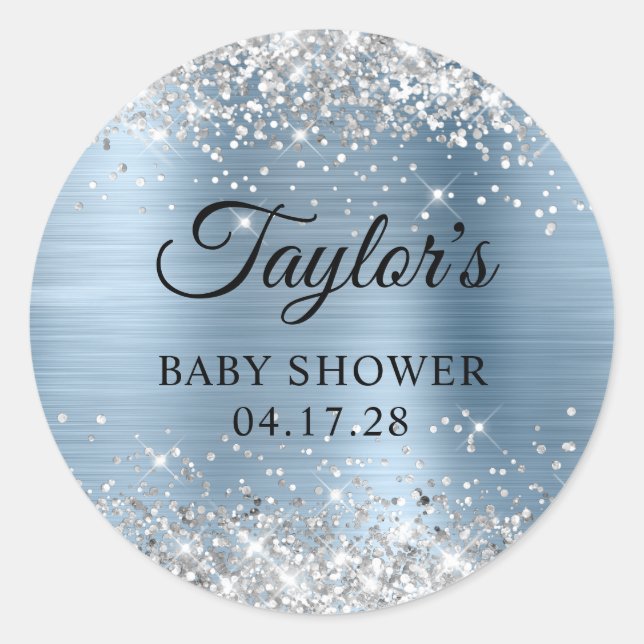 Sticker Rond Baby shower à huile bleu clair argenté (Devant)