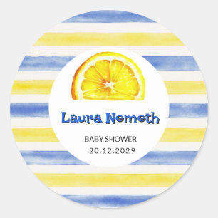 Sticker Rond  Baby Shower à l'aquarelle bleu jaune rayé Lemon 