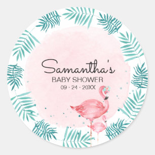 Sticker Rond Baby Shower à l'aquarelle flamant rose et feuilles