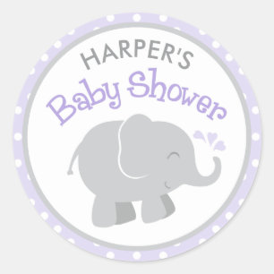 Sticker Rond Baby Shower à l'Élément Rose et Gris Éléphant