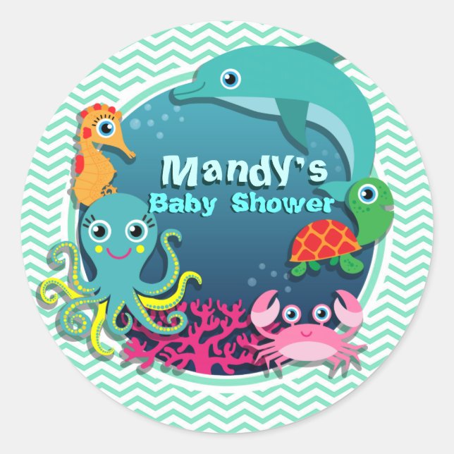 Sticker Rond Baby shower à thème Océan ; Aqua Green Chevron (Devant)