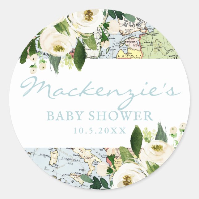 Sticker Rond Baby shower à thème Voyage Floral Carte (Devant)