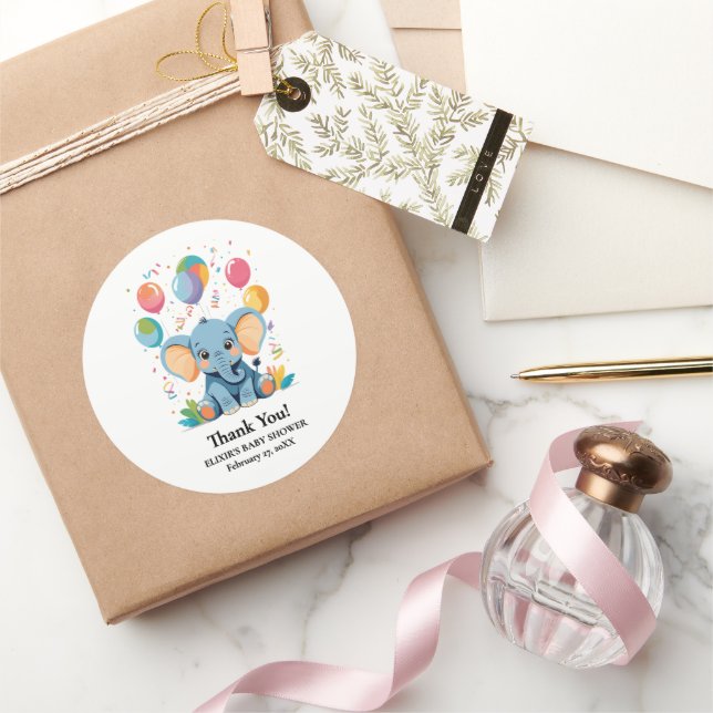 Sticker Rond Baby shower adorable Baby Elephant Ballons (Cadeaux)