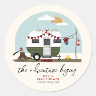 Sticker Rond Baby shower Adventure Green Camper Lumberjack