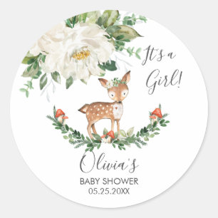 Sticker Rond Baby shower animal cerf bois Merci Favoriser