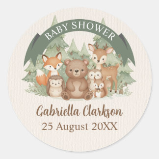 Sticker Rond Baby Shower Animaux de la Forêt à l'Aquarelle