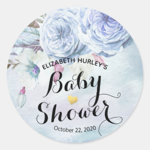 Sticker Rond Baby shower Aquarelle Bohème Fleurs & Plumes