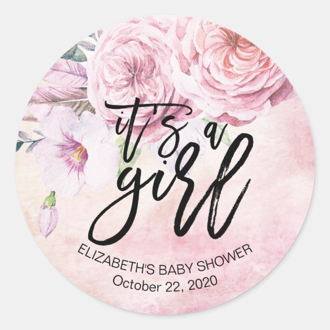Sticker Rond Baby shower Aquarelle Bohème Fleurs & Plumes (Devant)