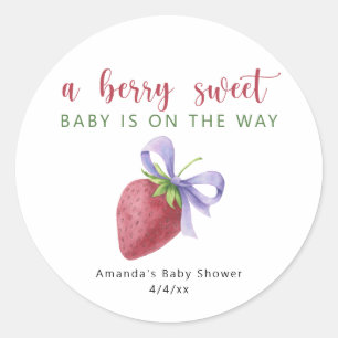 Sticker Rond Baby shower aquarelle fraise et ruban