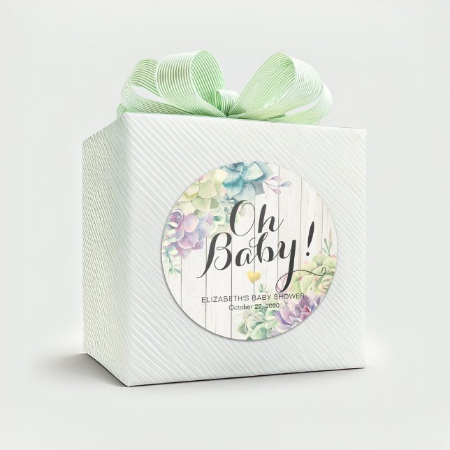 Sticker Rond Baby shower Aquarelle Succulent Plantes Bois blanc (Créateur téléchargé)