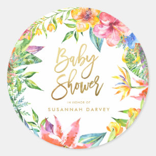 Sticker Rond Baby shower  Aquarelle tropicale Gold