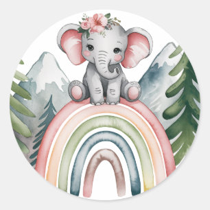 Sticker Rond Baby shower arc-en-ciel Whimsical Elephant