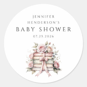 Sticker Rond Baby Shower au Livre Empilé avec Ruban Rose
