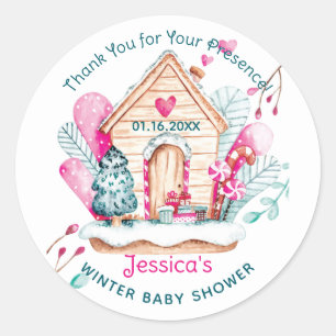 Sticker Rond Baby Shower au Pays des Merveilles d'Hiver