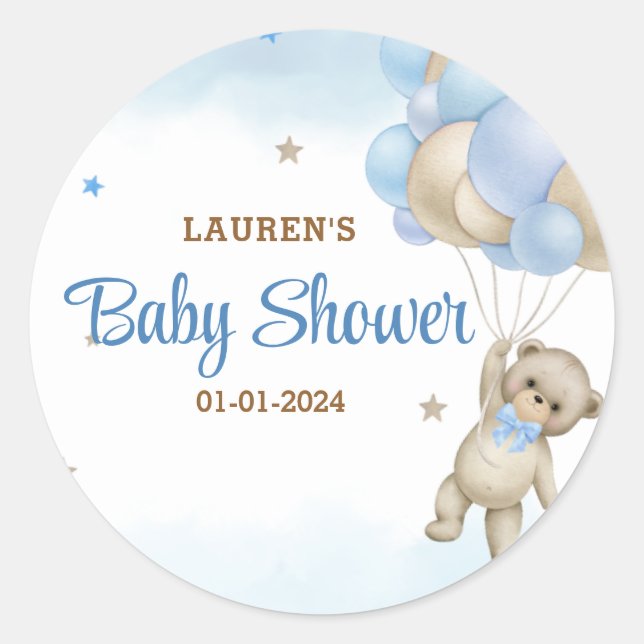 Sticker Rond Baby shower Ballons Bleus Ours Teddy (Devant)