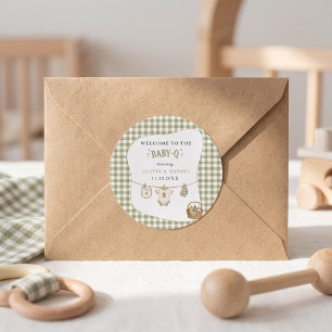 Sticker Rond Baby Shower BBQ Sage Gingham Rustique Personnalisé