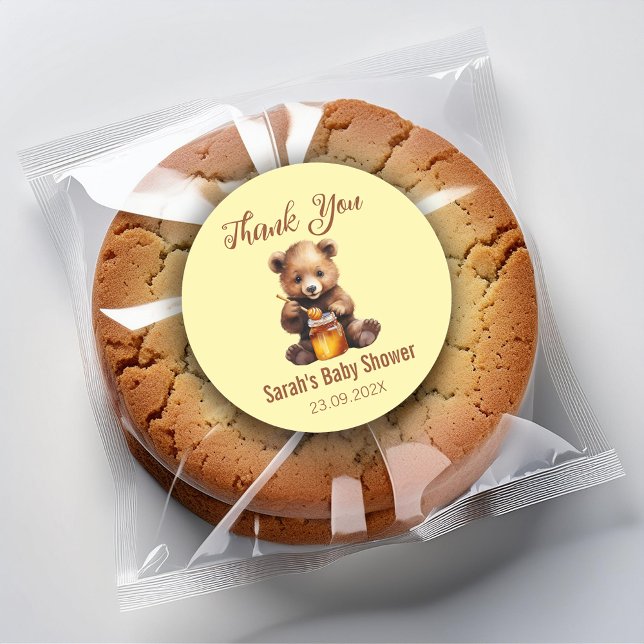 Sticker Rond Baby Shower Bear Cub  Eating Honey Cute Thank You (Créateur téléchargé)
