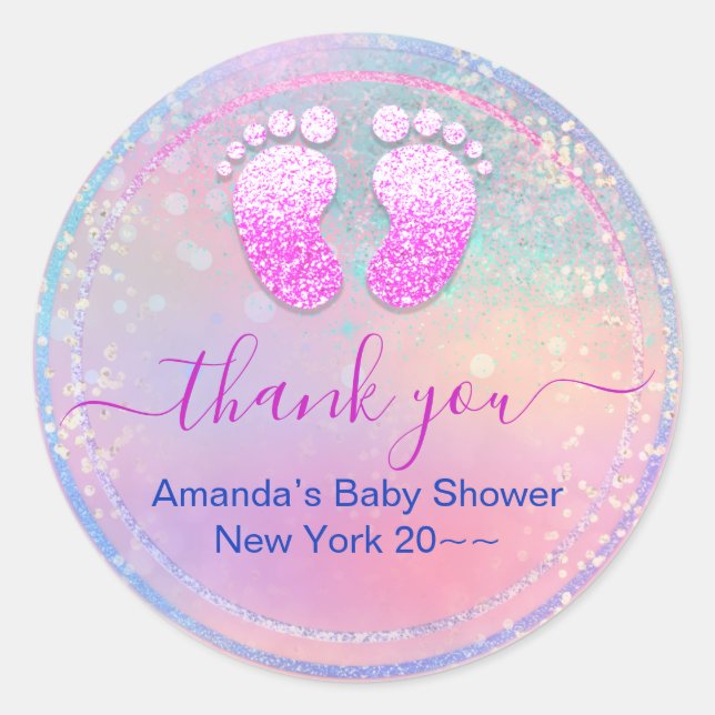 Sticker Rond Baby shower bébé fille Holographique Pieds rose (Devant)