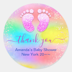 Sticker Rond Baby shower bébé fille Holographique Unicorn pieds