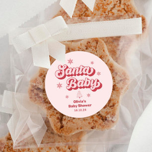 Sticker Rond Baby shower bébé Père Noël rose Favoriser