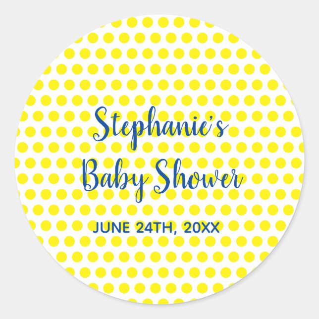 Sticker Rond Baby shower blanc bleu Pois jaune mignon (Devant)