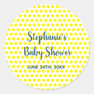 Sticker Rond Baby shower blanc bleu Pois jaune mignon