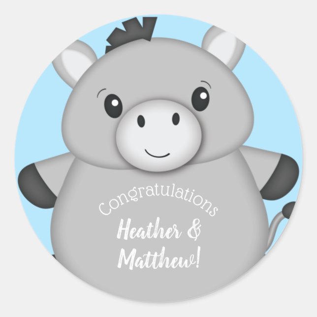Sticker Rond Baby shower bleu âne (Devant)
