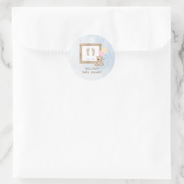 Sticker Rond Baby shower bleu Aquarelle Cute Pieds (Sac)