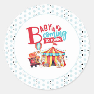 Sticker Rond Baby shower bleu Carnival Circus