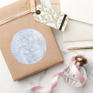 Sticker Rond Baby shower Bleu de flocons d'hiver d'argent conge