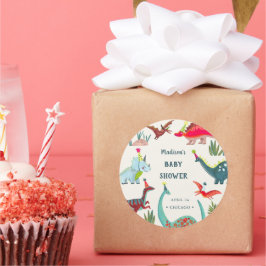 Sticker Rond Baby shower bleu dinosaure