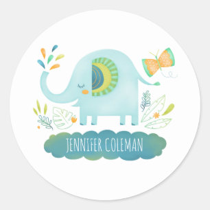 Sticker Rond Baby shower bleu Eléphant mignon