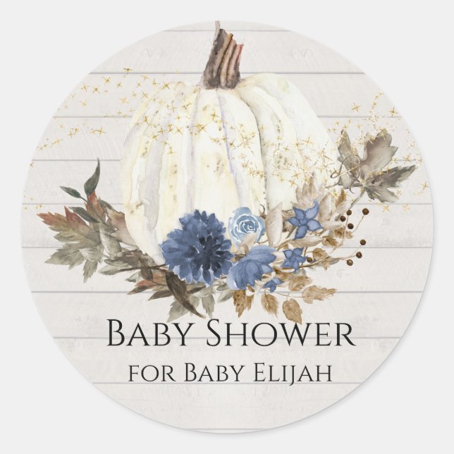 Sticker Rond Baby Shower Bleu Marine Fleurs Citrouille Bois Gri (Devant)