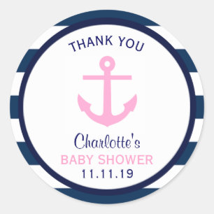 Sticker Rond Baby shower bleu marine rose Nautique FILLE