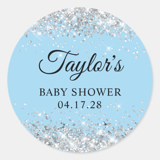 Sticker Rond Baby shower bleu Parties scintillant argent (Devant)