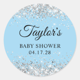 Sticker Rond Baby shower bleu Parties scintillant argent