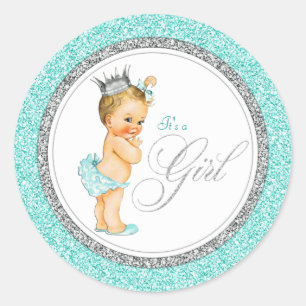 Sticker Rond Baby-Shower Bleu Turquoise et Argent
