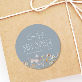 Sticker Rond Baby shower Boho Dusty Blue Fleur sauvage En Fleur