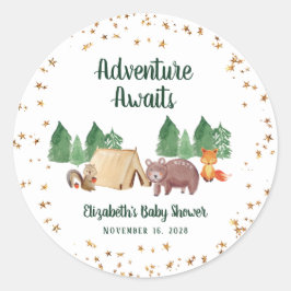 Sticker Rond Baby shower Bois Animaux Camping