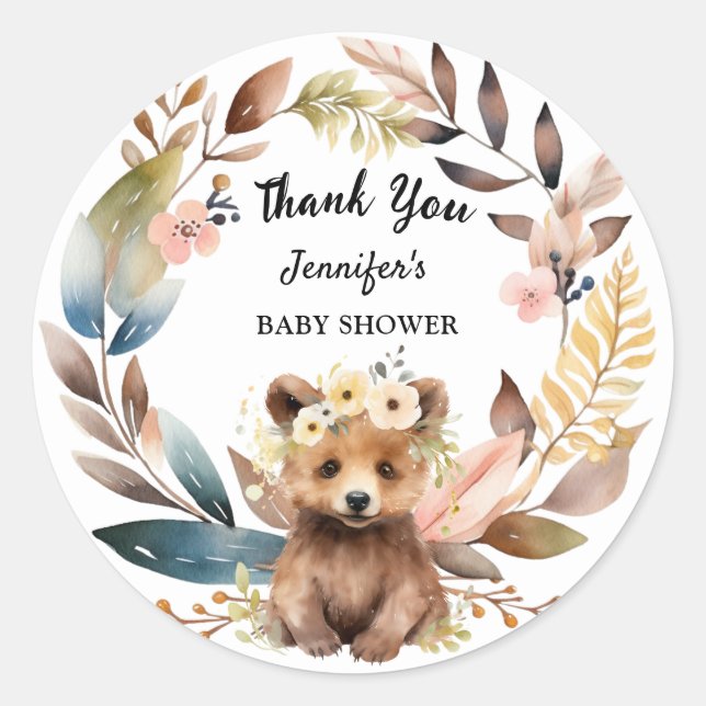 Sticker Rond Baby shower boisé à l'ours mou (Devant)