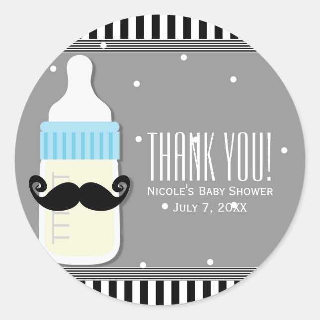 Sticker Rond Baby shower Bouteille & Moustache Faveur moderne (Devant)