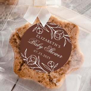Sticker Rond Baby shower Brown floral esquissé
