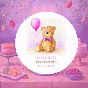 Sticker Rond Baby shower Brown Teddy Bear Balloon Pastel Pink