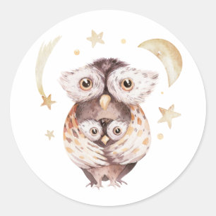 Sticker Rond Baby shower céleste Boho Mommy and Baby Owl